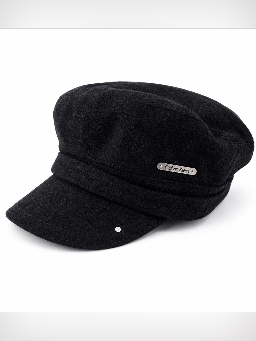 Calvin Klein Black Wool Blend Baker Boy Cap with Metal Logo